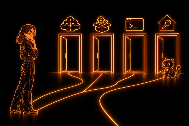 Нэко стоит перед четырьмя светящимися дверями: конструктор, открытый агент, терминал и дом с ключом, у последней двери ждёт робот-кот